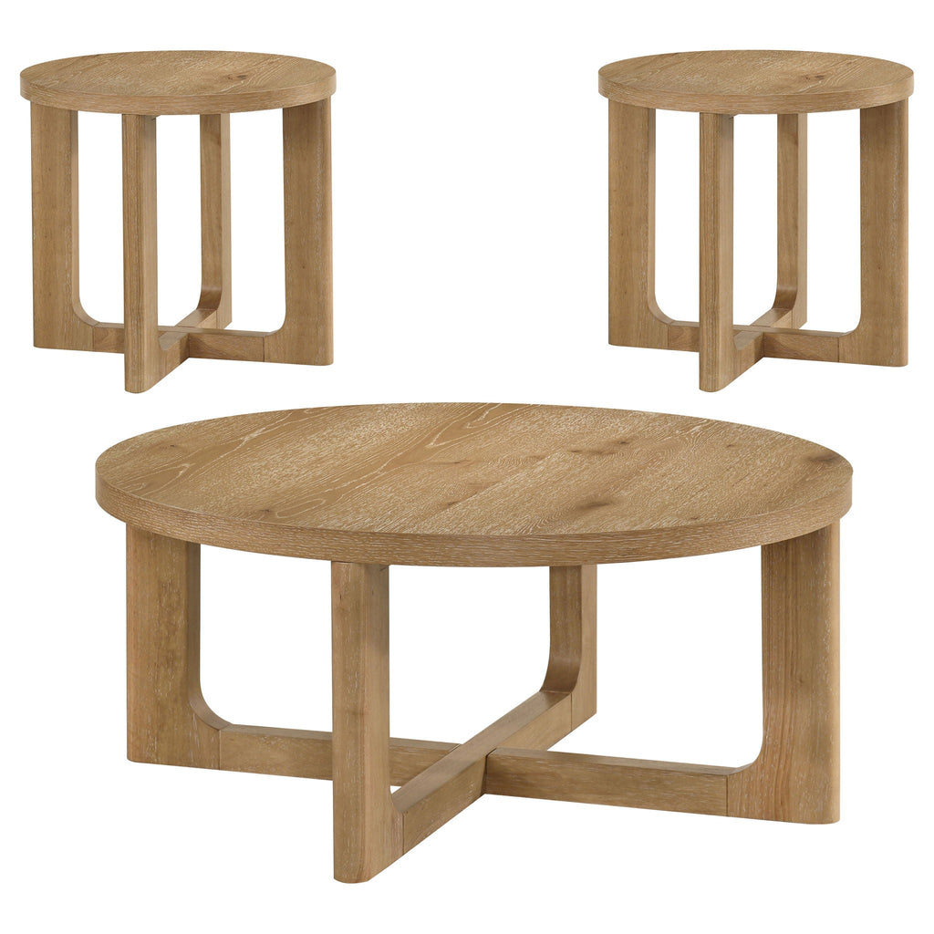 Kessler 3-piece Round Sculptural Wood Coffee Table Set Light Oak