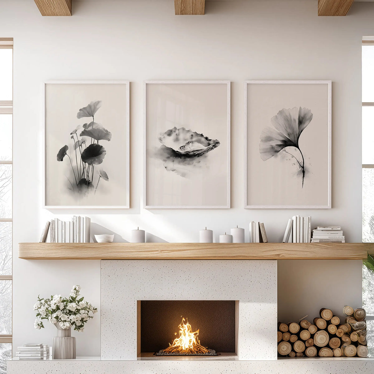 Minimalist Japanese Set of 3 Prints. Black and White Flowers Decor