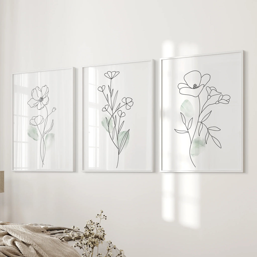 Modern Botanical Line Art Decor. 3 Piece Floral Print Set