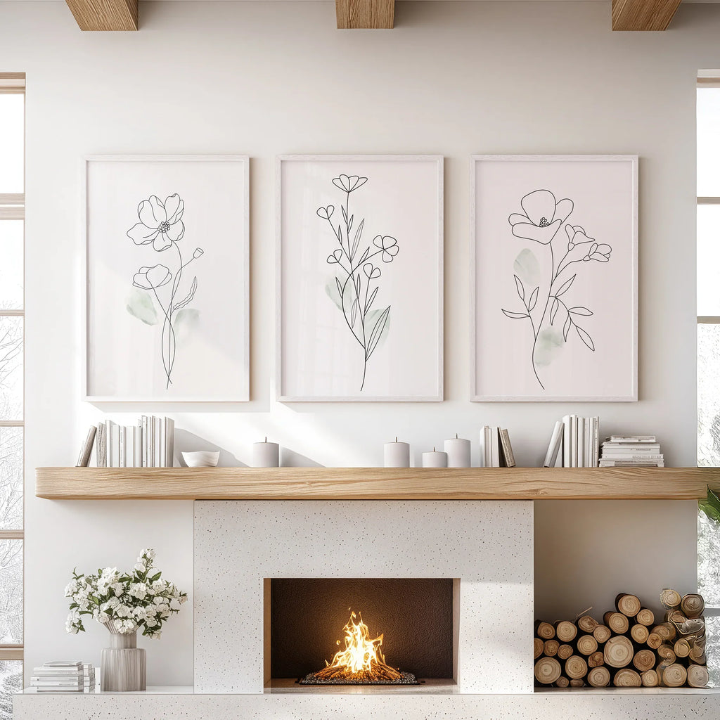 Modern Botanical Line Art Decor. 3 Piece Floral Print Set