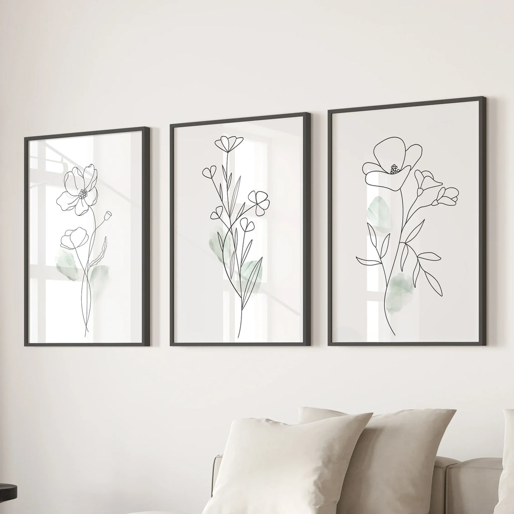 Modern Botanical Line Art Decor. 3 Piece Floral Print Set